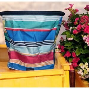 Thirty-One Mini Storage Bin Striped Patio Pop Round Organizer Collapsible New